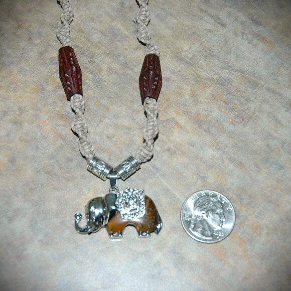 Cats Eye Silver Toned Elephant on a Handmade Tan 17 3/4" Hemp Necklace - Picture 3 of 3